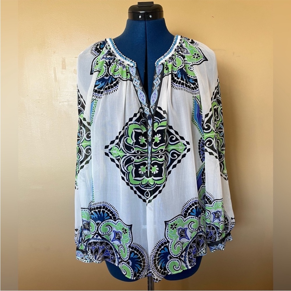 Hale Bob Vibrant White Blue Green & Black Floral Blouse Top Size SMALL